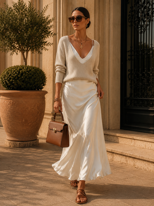Éléonore | Robe Midi Satinée & Pull Assorti