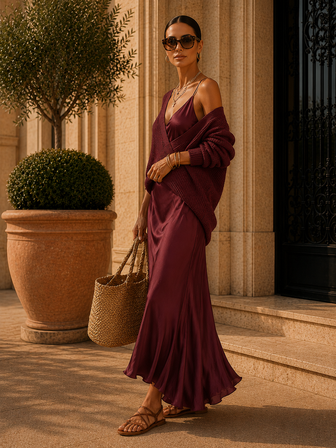 Éléonore | Robe Midi Satinée & Pull Assorti